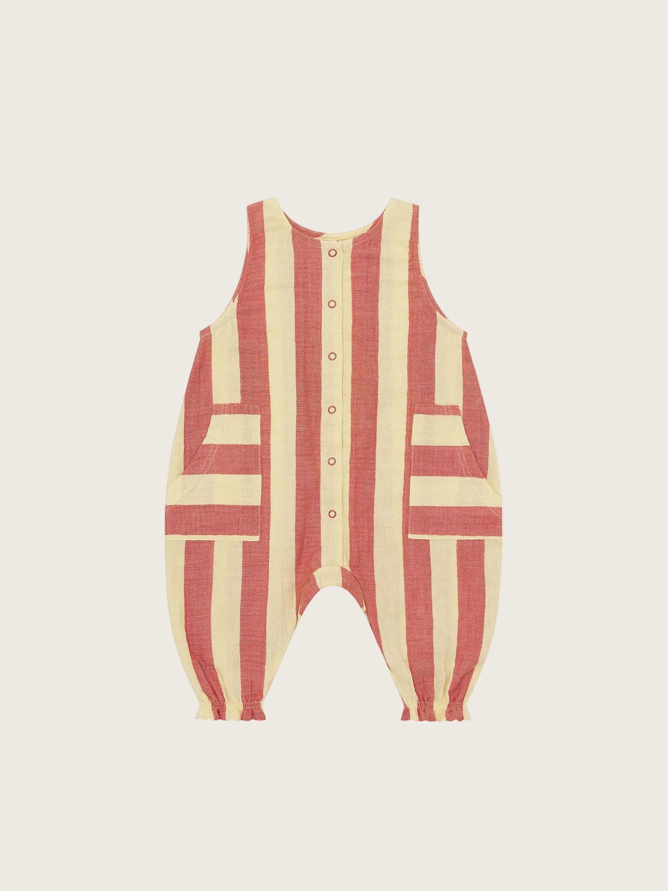 Striped jumpsuit with red and beige pattern on a white background
