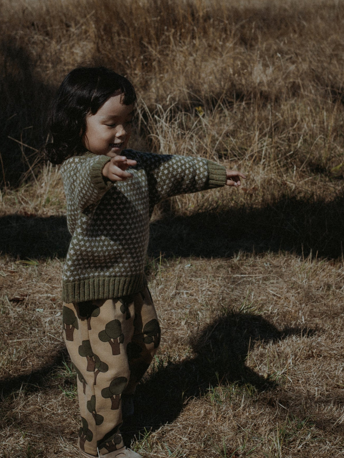 A toddler standing outdoors in a dry grassy field, wearing a green and beige patterned knit sweater and matching tree-print pants.