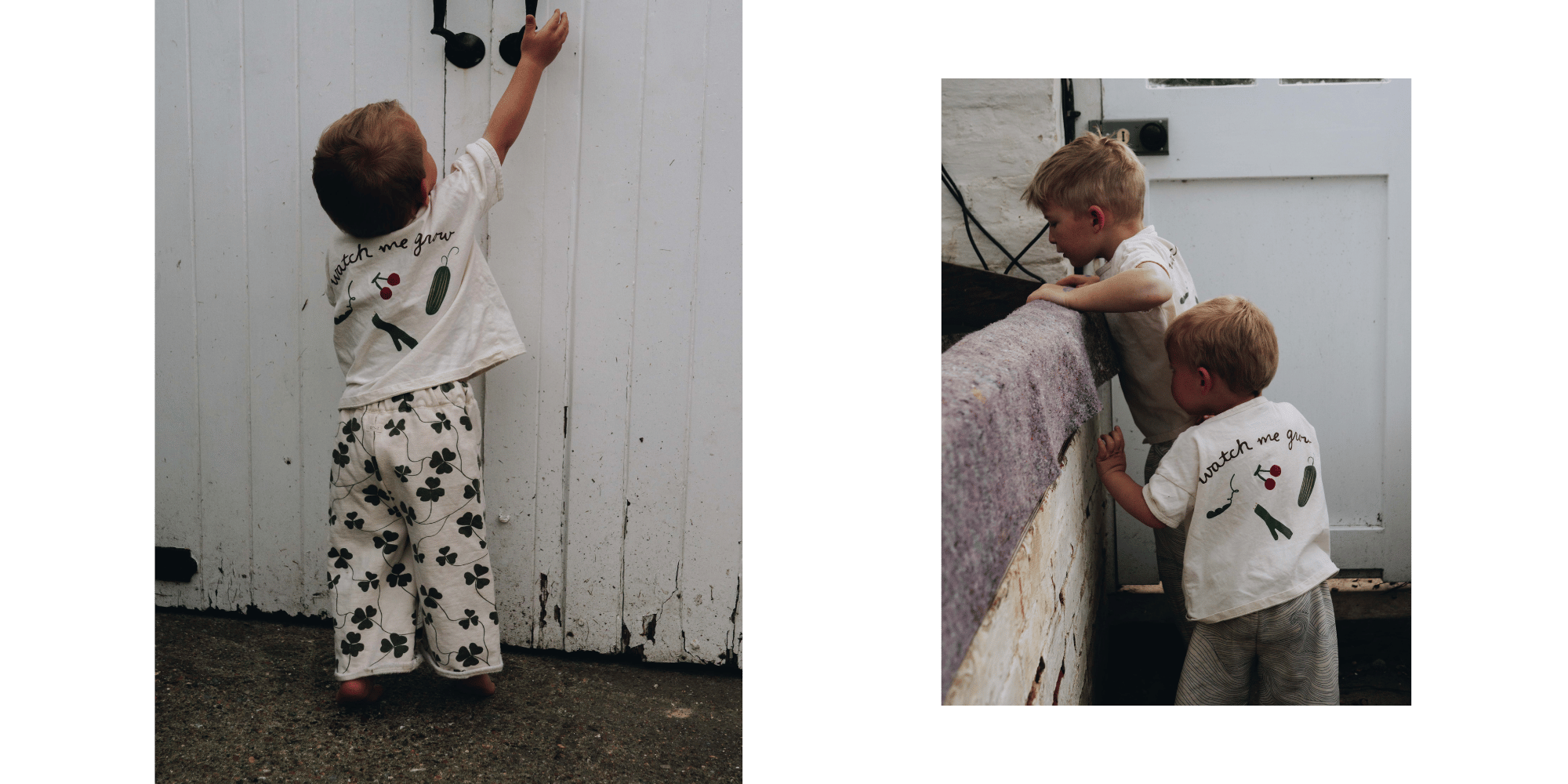 Two children playing with a white door, one child is climbing on the door and the other is standing below.
