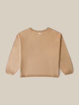 Womens beige boxy crew neck sweatshirt with small organic zoo logo below collar