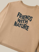 Womens beige boxy sweatshirt with friends with nature logo close up