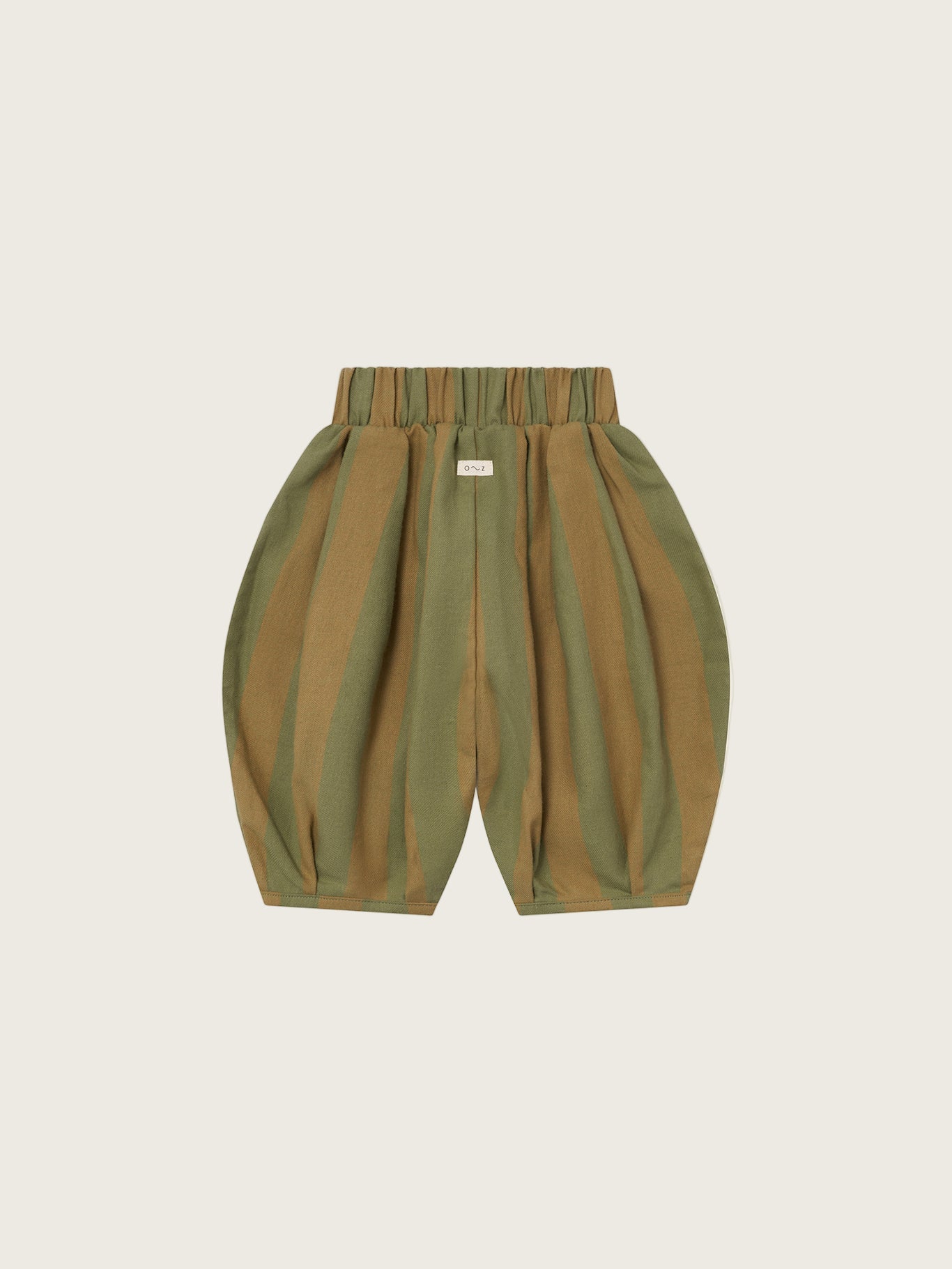 baby and toddler flannel balloon pants in cream and green stripes, with elastic waistband